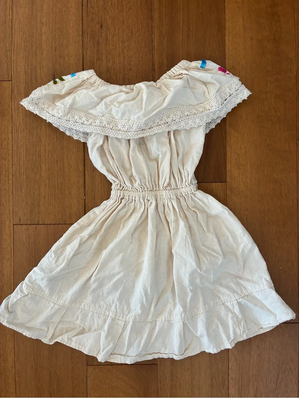 Cream Embroidered Floral Girls Off-Shoulder Dress
